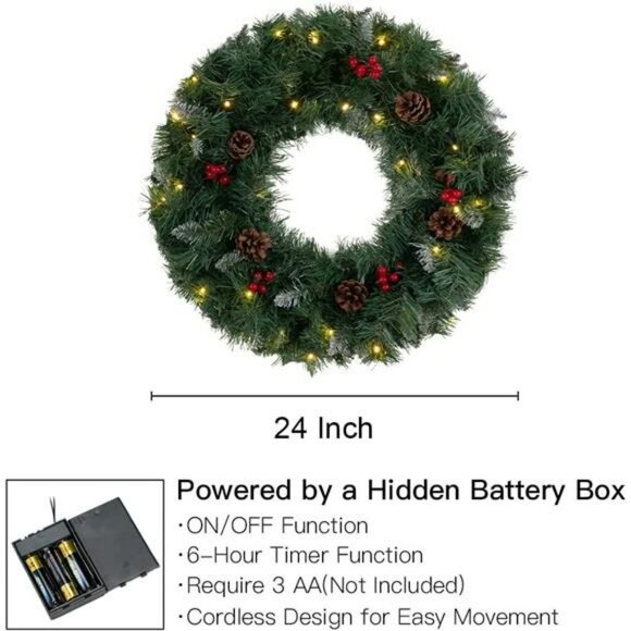 Christmas Wreath for Front Door, 24 Inch Large Flocked Pine Wreaths - Picture 4 of 7